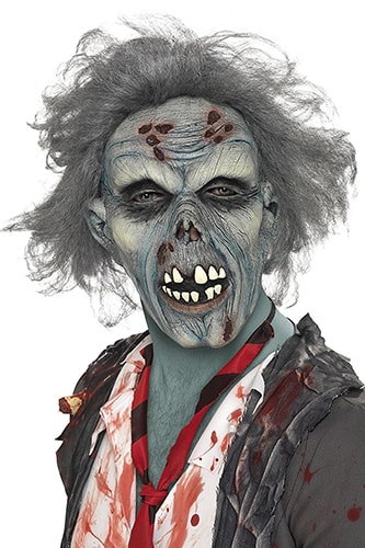 terrificante e realistica maschera da zombie in decomposizione con capelli finti grigi