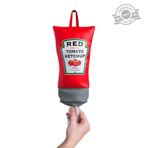 Il dispenser porta sacchetti di plastica a forma di tubetto di ketchup